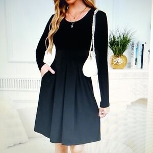 New Black Long Sleeve Swing T Shift Round Neck High Waist Dress W/pockets